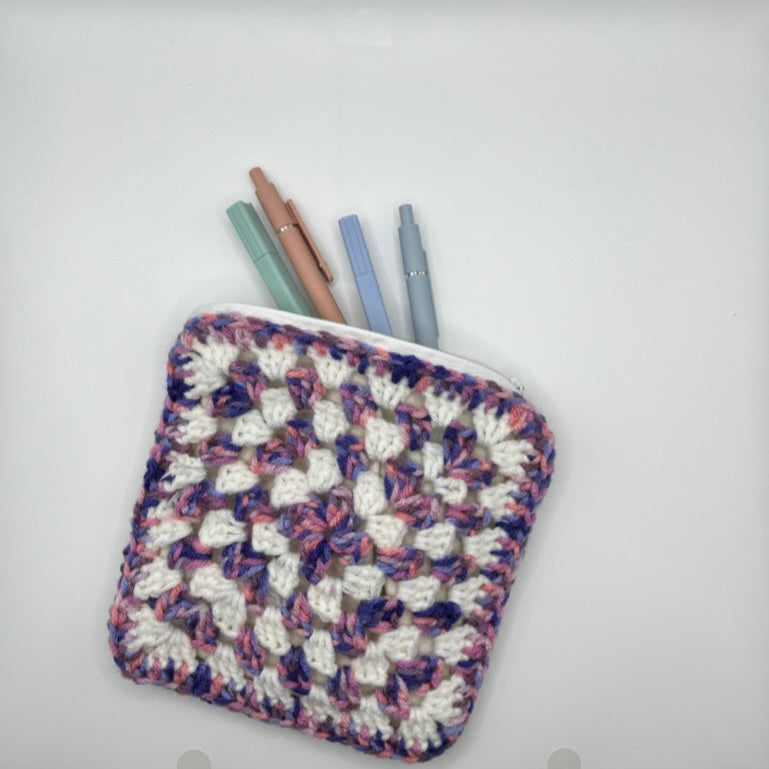 Crochet Purple & White Zipper Pouch