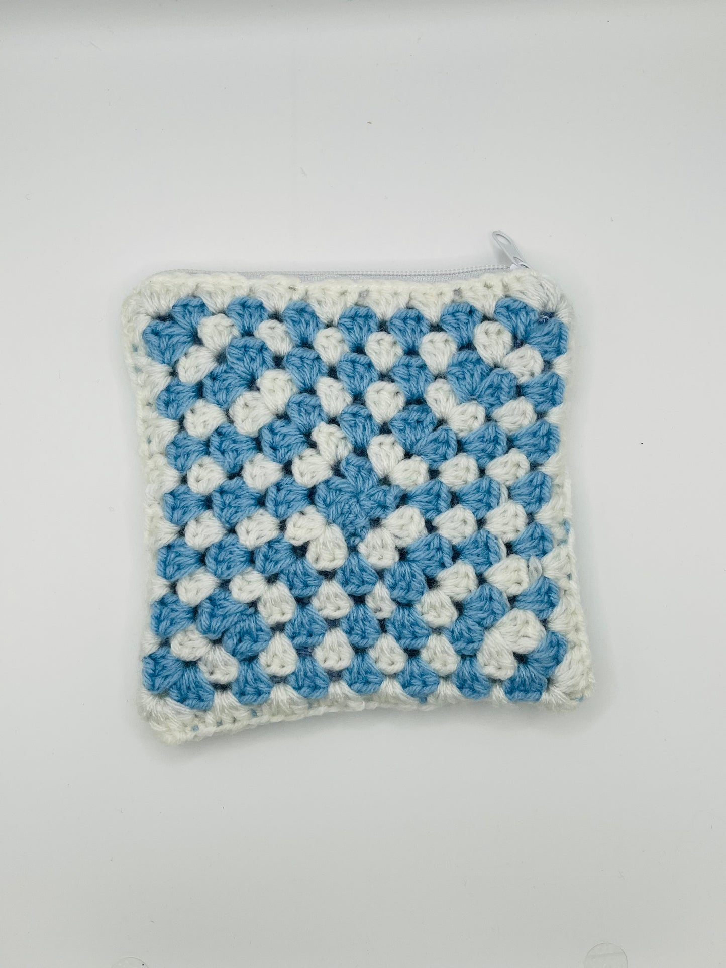 Blue & Cream Crochet Zipper Pouch