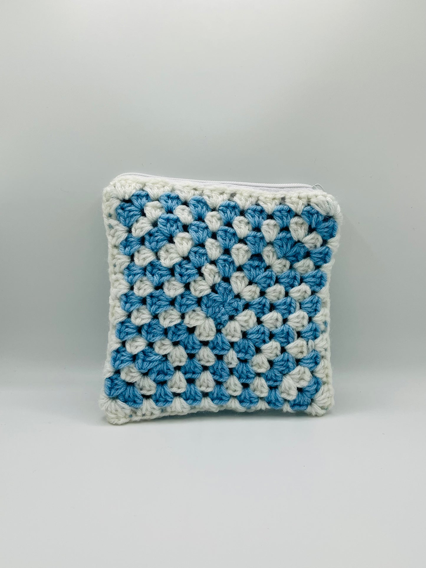 Blue & Cream Crochet Zipper Pouch