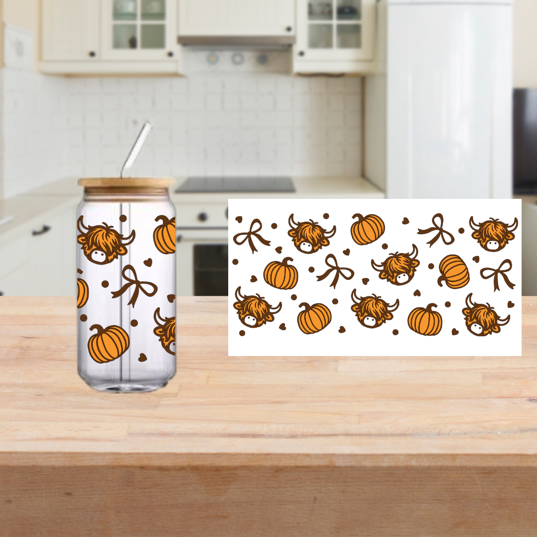 Highland Cow Pumpkins Bow Iced Coffee Glass