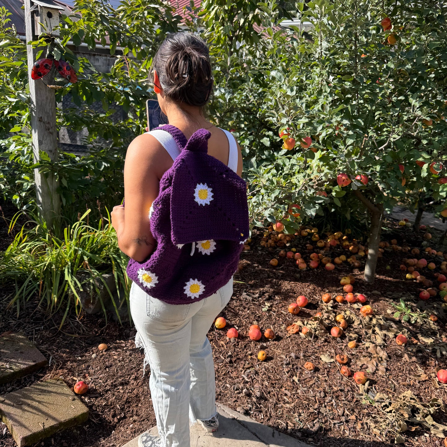 Deep Violet Crochet Daisy Backpack