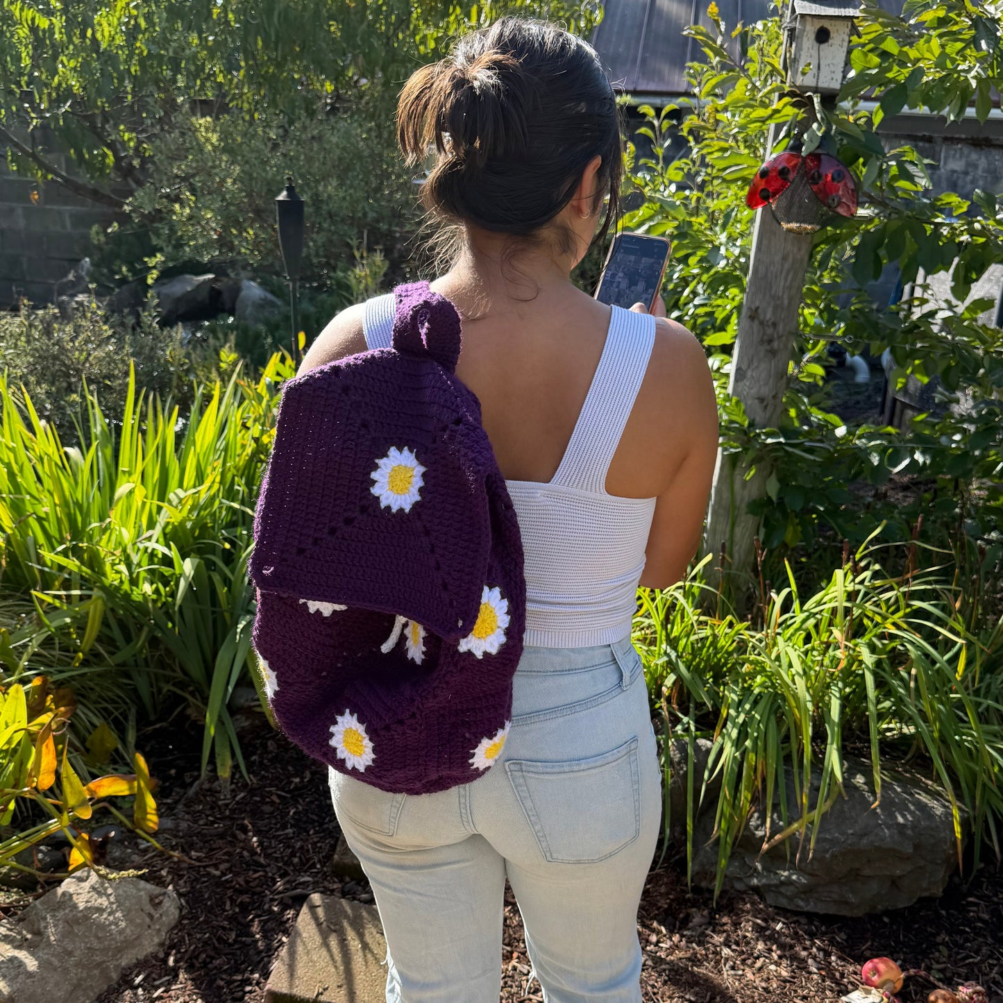 Deep Violet Crochet Daisy Backpack