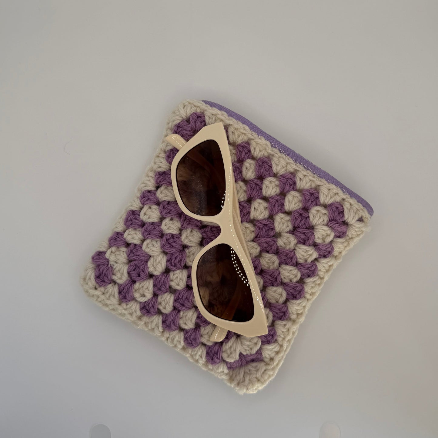 Crochet Purple & Cream Zipper Pouch