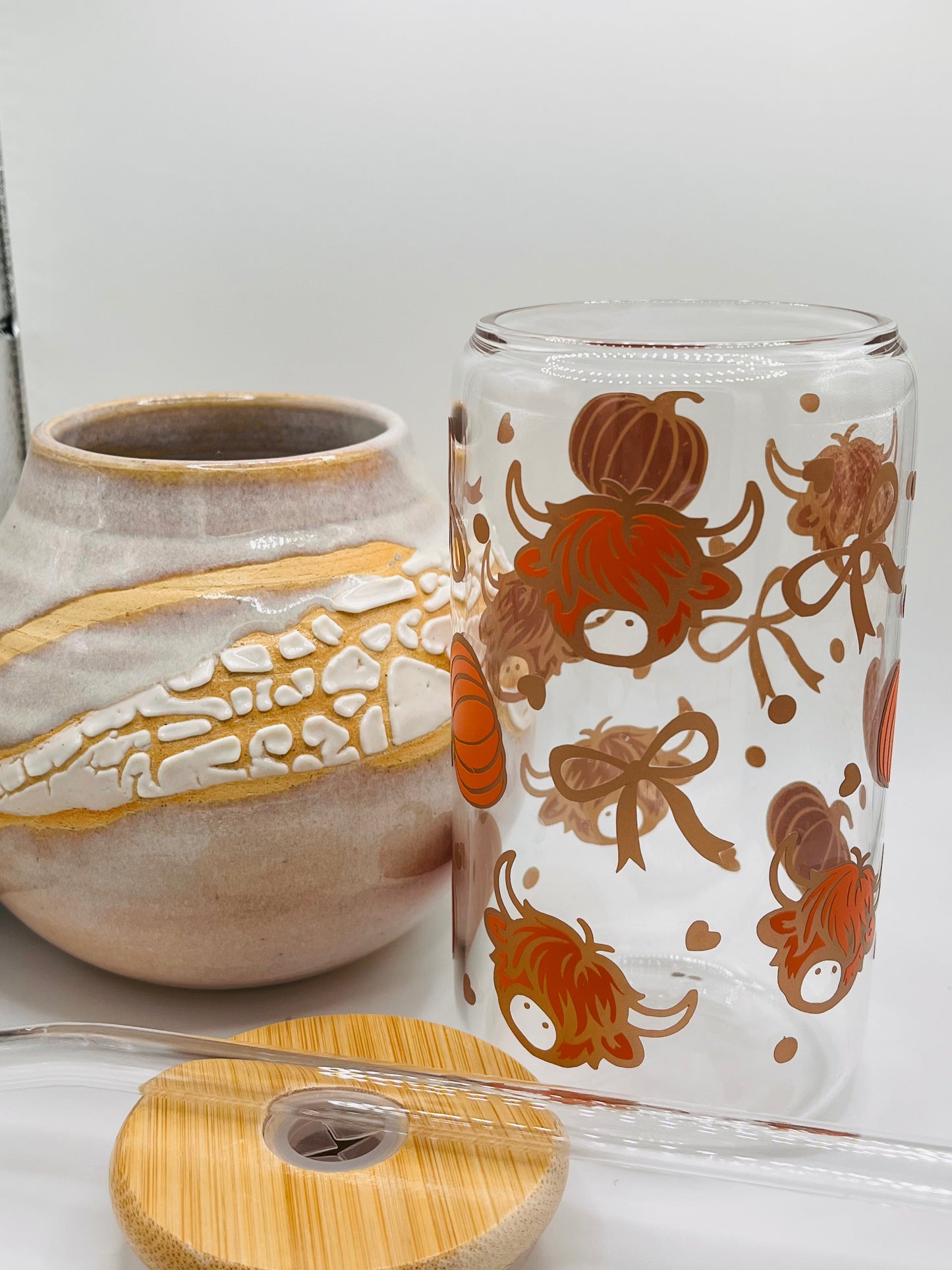 Highland Cow Pumpkins Bow Iced Coffee Glass