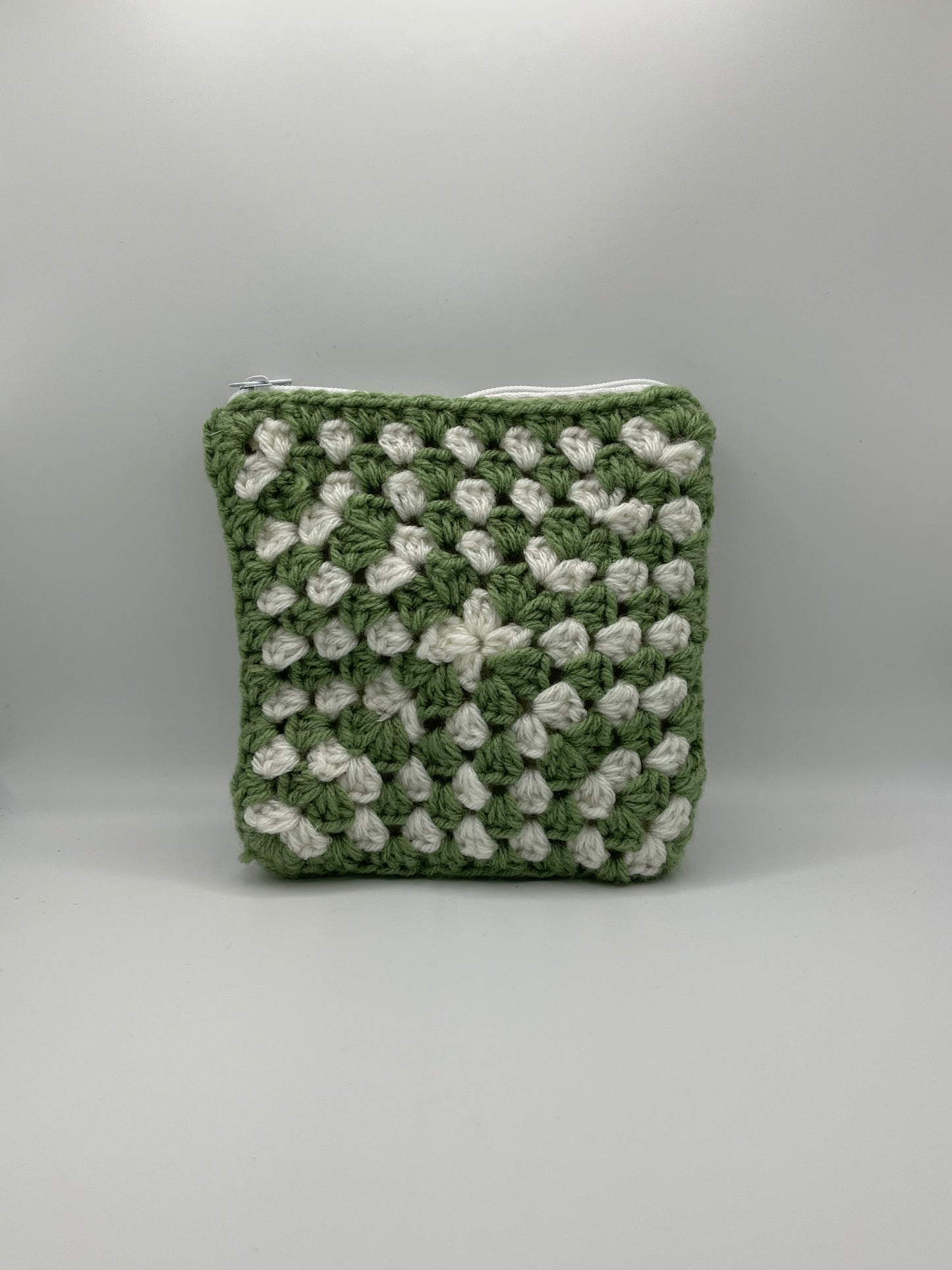 Crochet Green & Cream Zipper Pouch