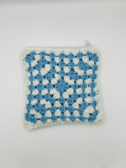 Blue & Cream Crochet Zipper Pouch