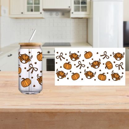 Highland Cow Pumpkins Bow Iced Coffee Glass