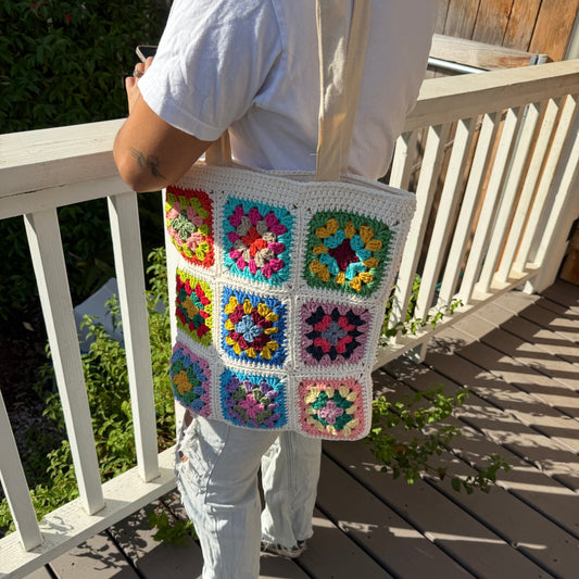 White Rainbow Granny Square Tote