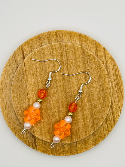 Orange Flower Beaded Earrings