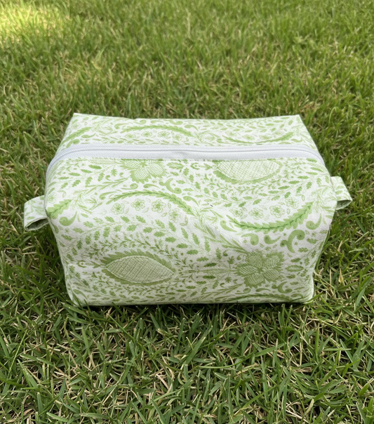 Green Floral Quilted Boxy Makeup Pouch