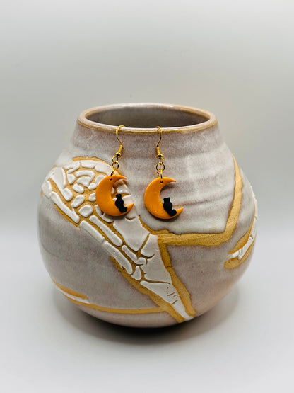 Cat and Moon Clay Earrings