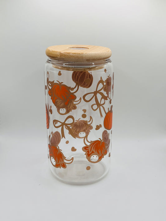 Highland Cow Pumpkins Bow Iced Coffee Glass