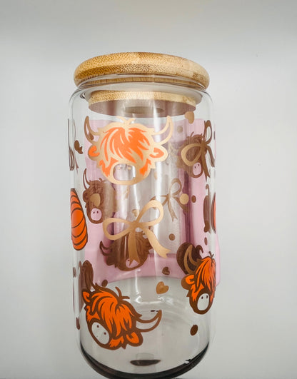 Highland Cow Pumpkins Bow Iced Coffee Glass