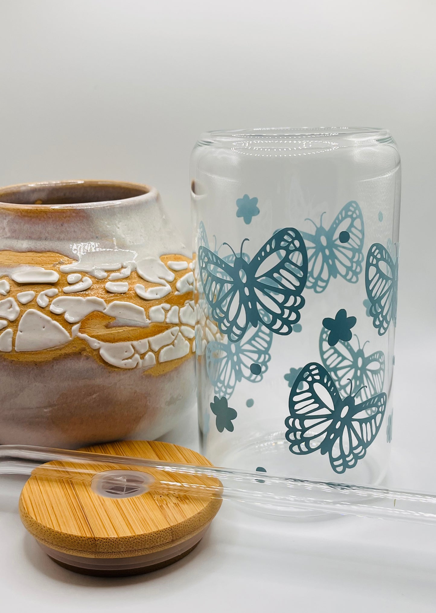 Blue Butterfly Ice Coffee Glass Cup