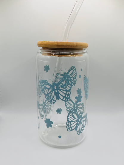 Blue Butterfly Ice Coffee Glass Cup