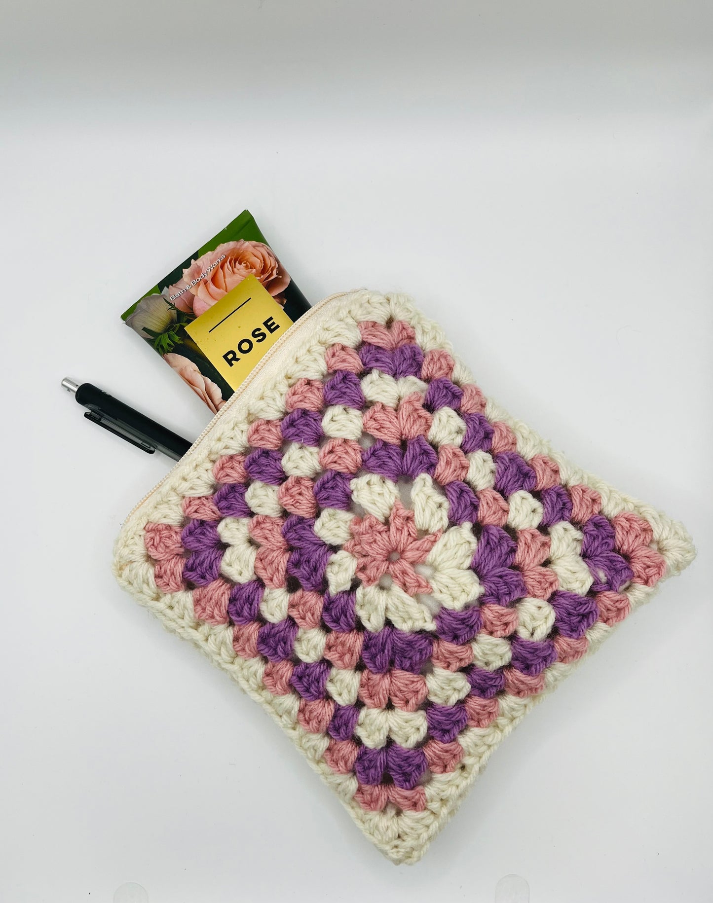 Crochet Purple, Pink & Cream Zipper Pouch