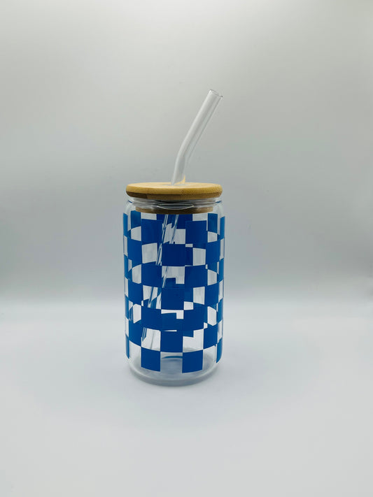 Blue Checkered Pattern Iced Coffee Cup