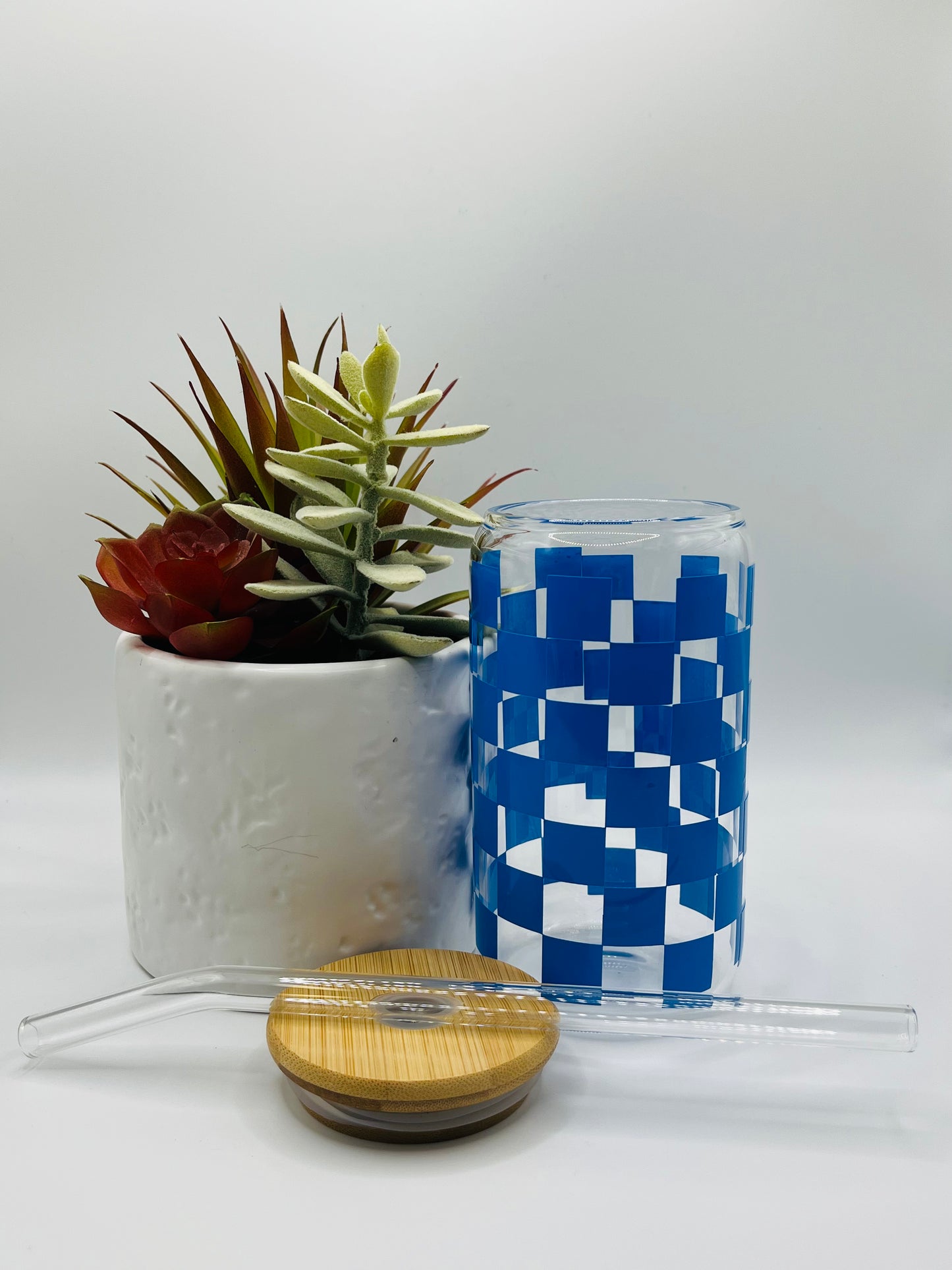 Blue Checkered Pattern Iced Coffee Cup