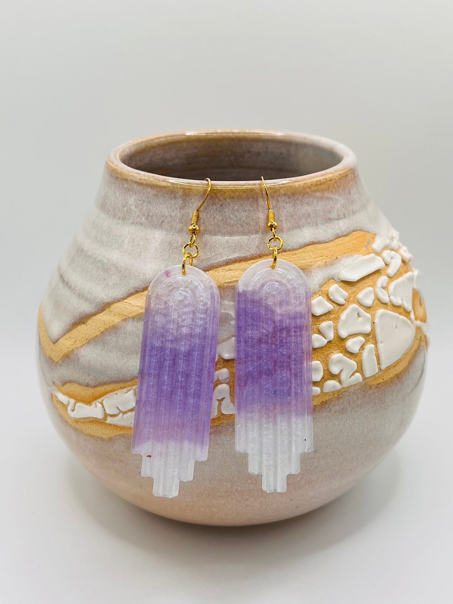 Purple and White Rainbow Shaped Resin Earrings